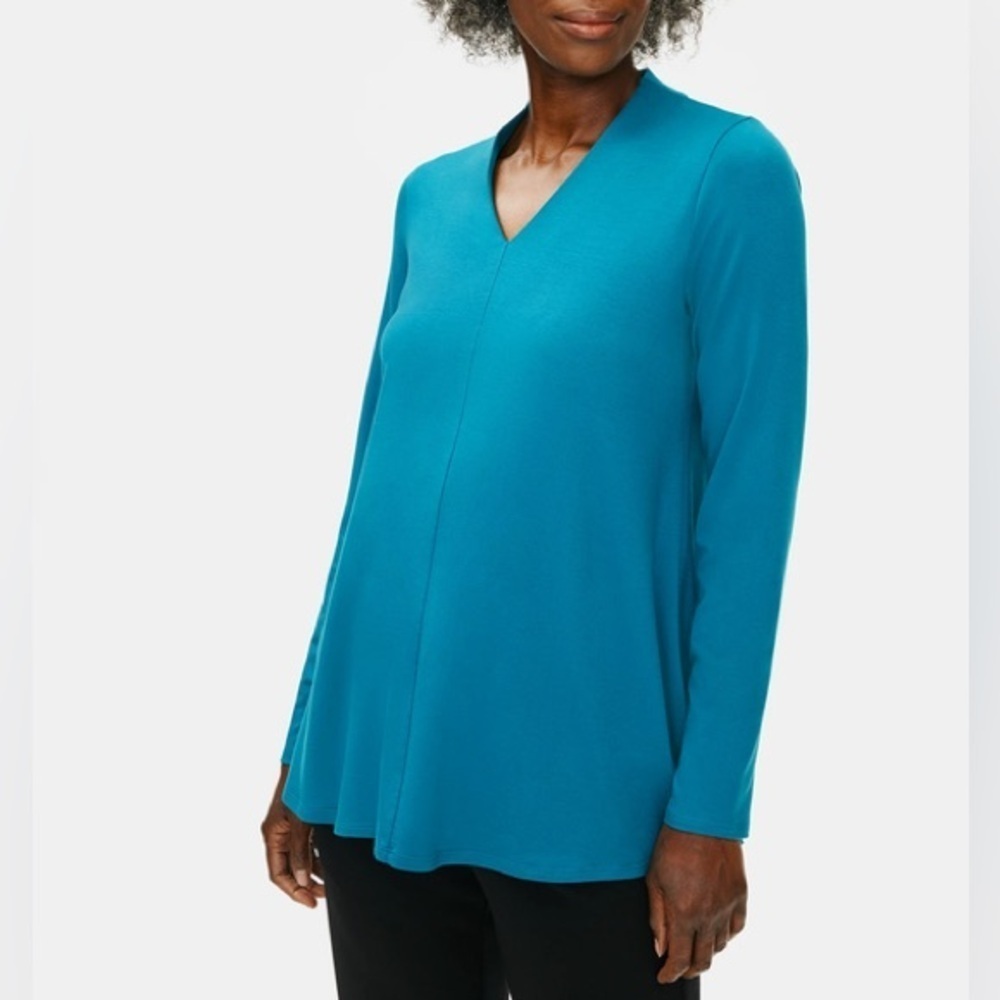 Eileen Fisher Fine Jersey V-Neck Top Blue Petite Medium Shirt Blouse Long Sleeve